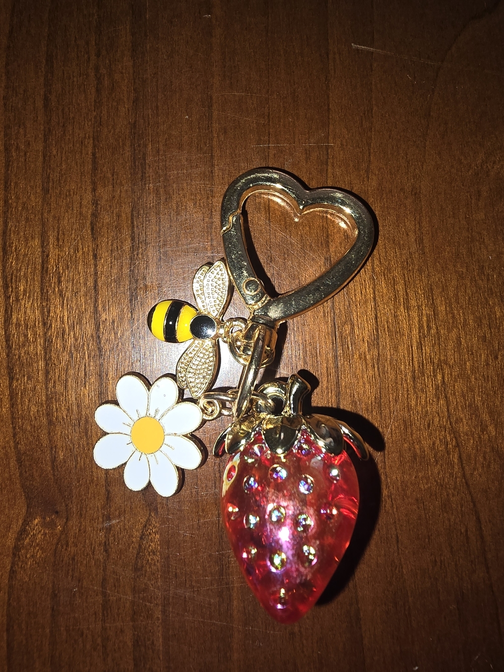 Gold Bee & Daisy Strawberry Charm Keychain / Bag Charm, New without tags